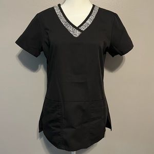 Grey’s Anatomy Black Scrub Top with Patterned Details, Size Small